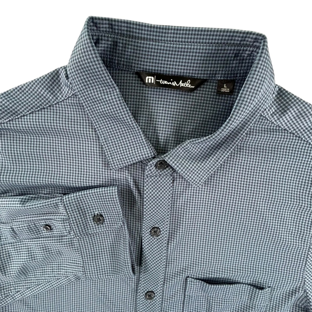TravisMathew Mens L Blue Gray Check Performance Button Down Shirt Long Sleeve